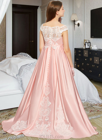 Lesley Ball-Gown/Princess Off-the-Shoulder Sweep Train Satin Lace Junior Bridesmaid Dress UKP0013460