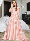 Lesley Ball-Gown/Princess Off-the-Shoulder Sweep Train Satin Lace Junior Bridesmaid Dress UKP0013460