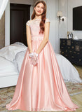 Lesley Ball-Gown/Princess Off-the-Shoulder Sweep Train Satin Lace Junior Bridesmaid Dress UKP0013460