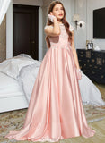 Lesley Ball-Gown/Princess Off-the-Shoulder Sweep Train Satin Lace Junior Bridesmaid Dress UKP0013460