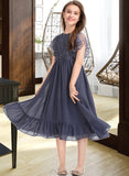 Hilda A-Line Scoop Neck Knee-Length Chiffon Lace Junior Bridesmaid Dress With Cascading Ruffles UKP0013462