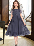 Hilda A-Line Scoop Neck Knee-Length Chiffon Lace Junior Bridesmaid Dress With Cascading Ruffles UKP0013462