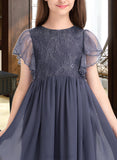 Hilda A-Line Scoop Neck Knee-Length Chiffon Lace Junior Bridesmaid Dress With Cascading Ruffles UKP0013462