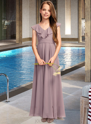 Judith A-Line V-neck Floor-Length Chiffon Junior Bridesmaid Dress With Cascading Ruffles UKP0013464