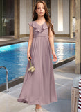 Judith A-Line V-neck Floor-Length Chiffon Junior Bridesmaid Dress With Cascading Ruffles UKP0013464