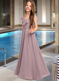 Judith A-Line V-neck Floor-Length Chiffon Junior Bridesmaid Dress With Cascading Ruffles UKP0013464