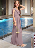 Judith A-Line V-neck Floor-Length Chiffon Junior Bridesmaid Dress With Cascading Ruffles UKP0013464