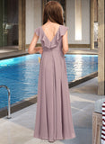 Judith A-Line V-neck Floor-Length Chiffon Junior Bridesmaid Dress With Cascading Ruffles UKP0013464