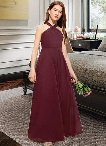 Ariella A-Line V-neck Floor-Length Chiffon Junior Bridesmaid Dress With Ruffle UKP0013468