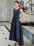 Linda A-Line V-neck Asymmetrical Satin Junior Bridesmaid Dress UKP0013471