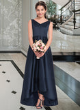 Linda A-Line V-neck Asymmetrical Satin Junior Bridesmaid Dress UKP0013471