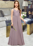 Mylie A-Line V-neck Floor-Length Chiffon Lace Junior Bridesmaid Dress UKP0013476