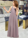 Mylie A-Line V-neck Floor-Length Chiffon Lace Junior Bridesmaid Dress UKP0013476