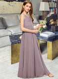 Mylie A-Line V-neck Floor-Length Chiffon Lace Junior Bridesmaid Dress UKP0013476