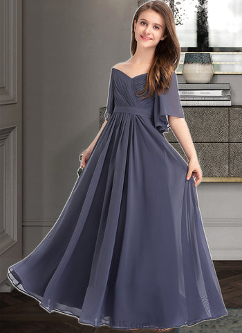 Maritza A-Line Off-the-Shoulder Floor-Length Chiffon Junior Bridesmaid Dress With Ruffle Bow(s) UKP0013479