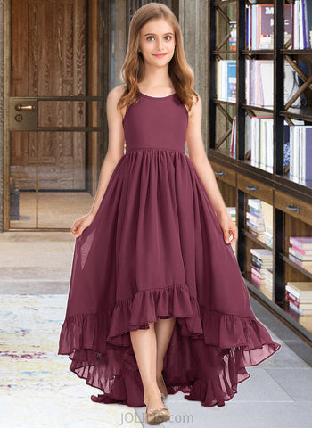 Marcia A-Line Scoop Neck Asymmetrical Chiffon Junior Bridesmaid Dress With Bow(s) Cascading Ruffles UKP0013480