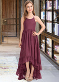 Marcia A-Line Scoop Neck Asymmetrical Chiffon Junior Bridesmaid Dress With Bow(s) Cascading Ruffles UKP0013480