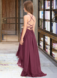 Marcia A-Line Scoop Neck Asymmetrical Chiffon Junior Bridesmaid Dress With Bow(s) Cascading Ruffles UKP0013480