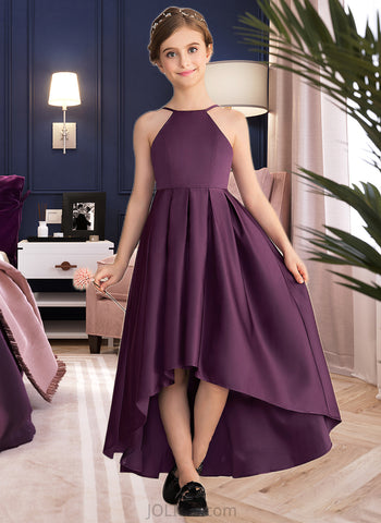 Ada A-Line Scoop Neck Asymmetrical Satin Junior Bridesmaid Dress With Ruffle UKP0013481