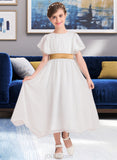 Seraphina A-Line Scoop Neck Tea-Length Chiffon Junior Bridesmaid Dress With Ruffle Sash UKP0013482