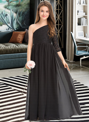 Angela A-Line One-Shoulder Floor-Length Chiffon Lace Junior Bridesmaid Dress UKP0013486