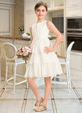 Averie A-Line Scoop Neck Knee-Length Chiffon Junior Bridesmaid Dress With Bow(s) Cascading Ruffles UKP0013487