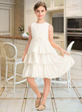 Averie A-Line Scoop Neck Knee-Length Chiffon Junior Bridesmaid Dress With Bow(s) Cascading Ruffles UKP0013487