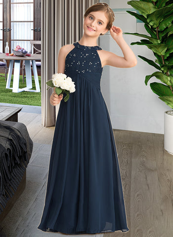 Christina A-Line Scoop Neck Floor-Length Chiffon Lace Junior Bridesmaid Dress With Ruffle Beading UKP0013488