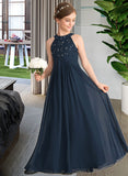 Christina A-Line Scoop Neck Floor-Length Chiffon Lace Junior Bridesmaid Dress With Ruffle Beading UKP0013488