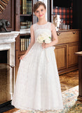 Alyssa A-Line Scoop Neck Floor-Length Lace Junior Bridesmaid Dress With Sash Bow(s) UKP0013490