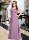 Rosie A-Line V-neck Floor-Length Chiffon Junior Bridesmaid Dress With Bow(s) Cascading Ruffles UKP0013494