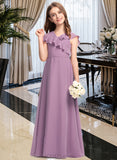 Rosie A-Line V-neck Floor-Length Chiffon Junior Bridesmaid Dress With Bow(s) Cascading Ruffles UKP0013494