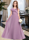 Rosie A-Line V-neck Floor-Length Chiffon Junior Bridesmaid Dress With Bow(s) Cascading Ruffles UKP0013494