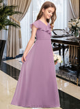 Rosie A-Line V-neck Floor-Length Chiffon Junior Bridesmaid Dress With Bow(s) Cascading Ruffles UKP0013494