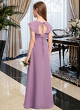 Rosie A-Line V-neck Floor-Length Chiffon Junior Bridesmaid Dress With Bow(s) Cascading Ruffles UKP0013494