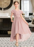 Haleigh A-Line V-neck Asymmetrical Chiffon Junior Bridesmaid Dress With Bow(s) Cascading Ruffles UKP0013496