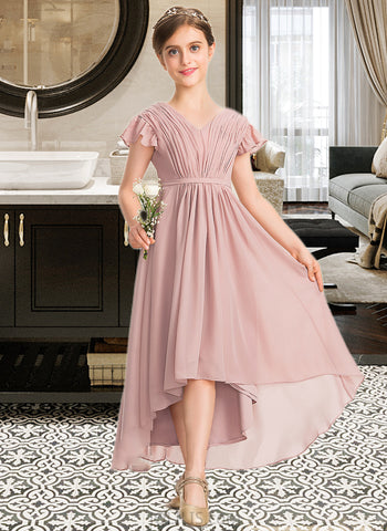 Haleigh A-Line V-neck Asymmetrical Chiffon Junior Bridesmaid Dress With Bow(s) Cascading Ruffles UKP0013496