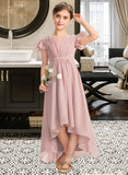 Haleigh A-Line V-neck Asymmetrical Chiffon Junior Bridesmaid Dress With Bow(s) Cascading Ruffles UKP0013496