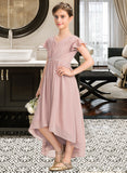 Haleigh A-Line V-neck Asymmetrical Chiffon Junior Bridesmaid Dress With Bow(s) Cascading Ruffles UKP0013496