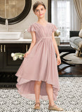 Haleigh A-Line V-neck Asymmetrical Chiffon Junior Bridesmaid Dress With Bow(s) Cascading Ruffles UKP0013496