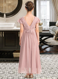 Haleigh A-Line V-neck Asymmetrical Chiffon Junior Bridesmaid Dress With Bow(s) Cascading Ruffles UKP0013496