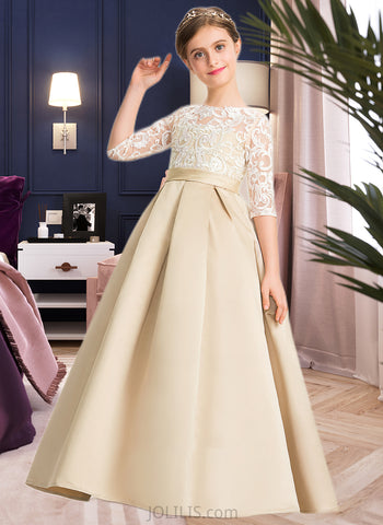 Madeline Ball-Gown/Princess Scoop Neck Floor-Length Satin Lace Junior Bridesmaid Dress UKP0013498