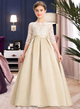 Madeline Ball-Gown/Princess Scoop Neck Floor-Length Satin Lace Junior Bridesmaid Dress UKP0013498