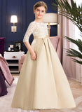 Madeline Ball-Gown/Princess Scoop Neck Floor-Length Satin Lace Junior Bridesmaid Dress UKP0013498