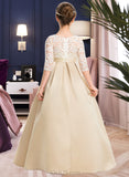 Madeline Ball-Gown/Princess Scoop Neck Floor-Length Satin Lace Junior Bridesmaid Dress UKP0013498