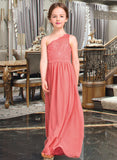 Kayla A-Line One-Shoulder Floor-Length Chiffon Lace Junior Bridesmaid Dress UKP0013500