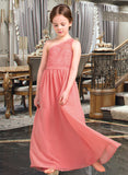 Kayla A-Line One-Shoulder Floor-Length Chiffon Lace Junior Bridesmaid Dress UKP0013500