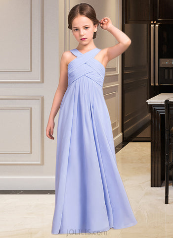 Diya A-Line V-neck Floor-Length Chiffon Junior Bridesmaid Dress With Ruffle UKP0013501