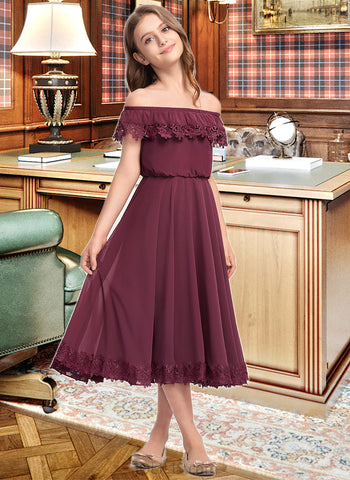 Mia A-Line Off-the-Shoulder Tea-Length Chiffon Lace Junior Bridesmaid Dress UKP0013505