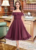 Mia A-Line Off-the-Shoulder Tea-Length Chiffon Lace Junior Bridesmaid Dress UKP0013505